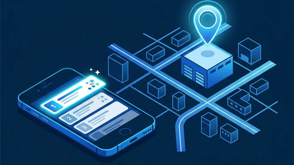 Map with a location pin over a self-storage facility and a phone showing top local search results