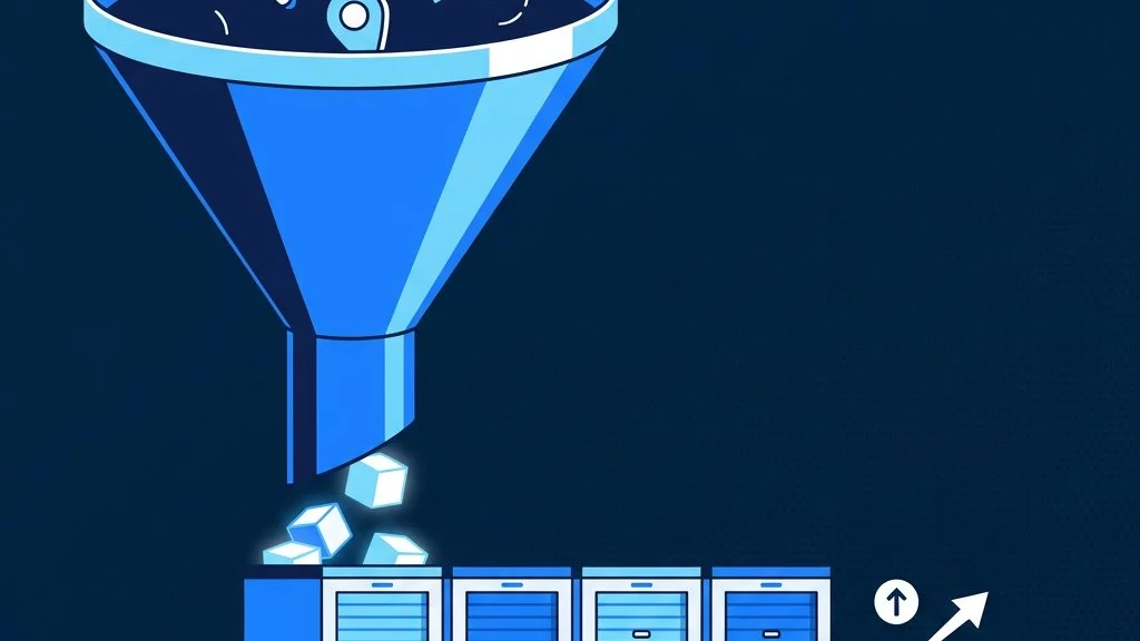 Marketing funnel channelling search, maps and social into self-storage units that fill up, with a rising bar chart