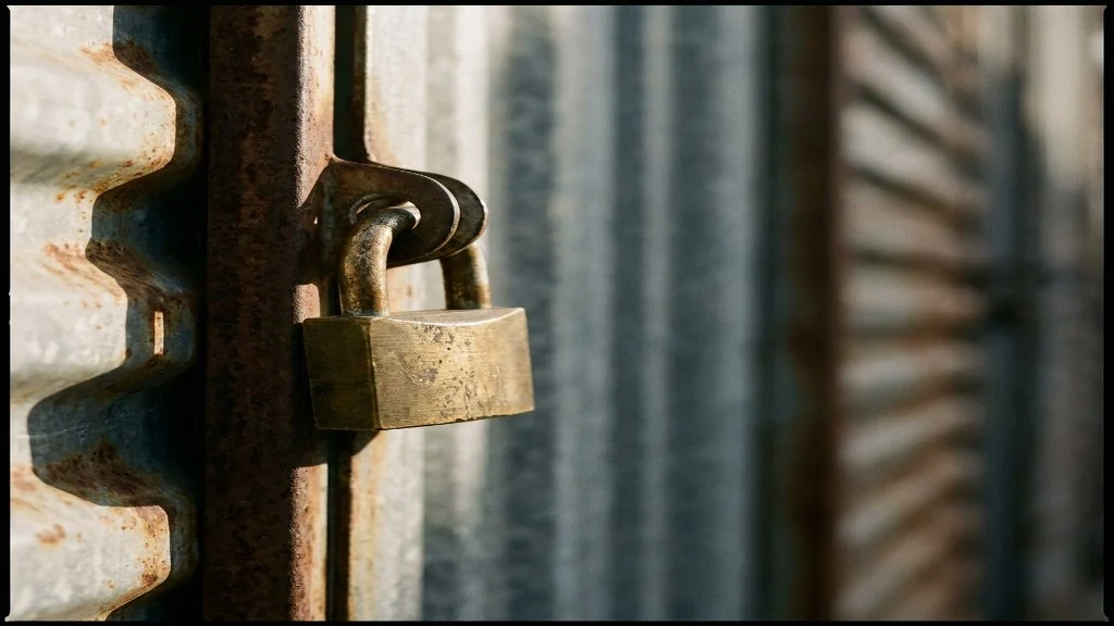 Close-up of a brass padlock securing a corrugated-metal self-storage unit door