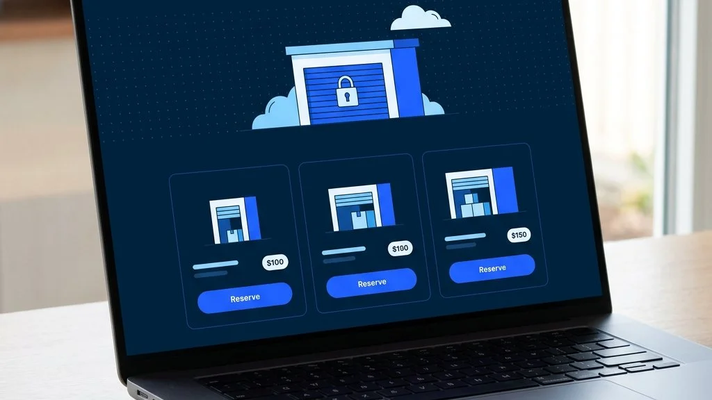 Laptop showing a high-converting self-storage website with unit cards, prices and prominent Reserve buttons