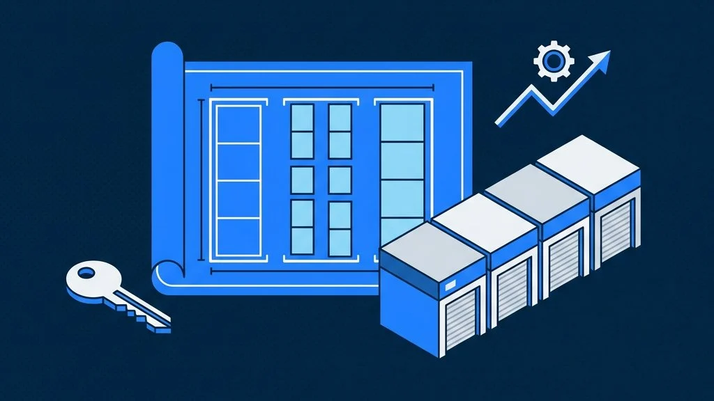 Blueprint and a new row of storage units with a growth chart, illustrating starting a self-storage business in the UK