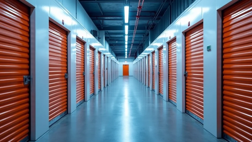 Bright self-storage facility corridor lined with orange roller-shutter doors