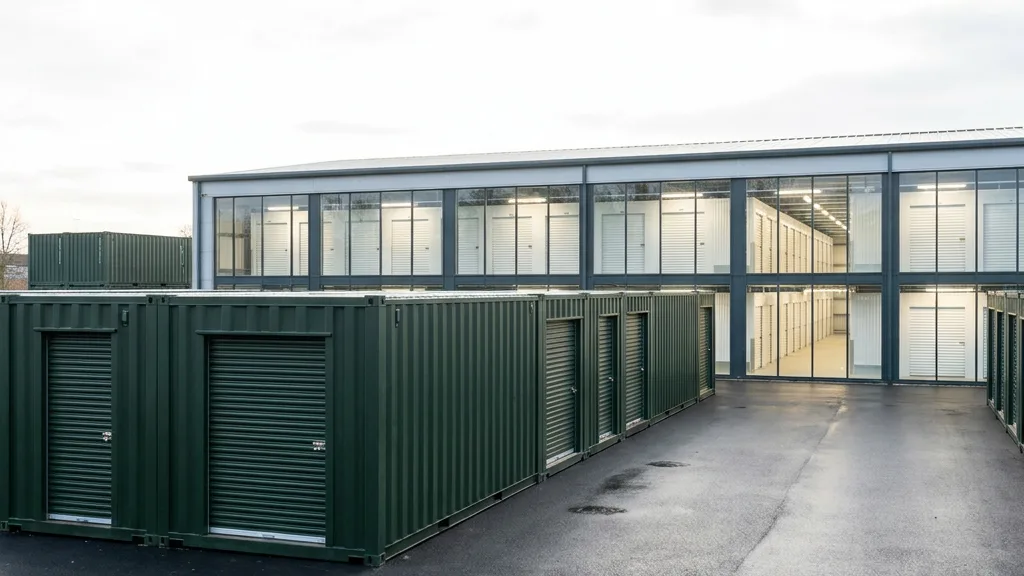Row of green shipping-container storage units in the foreground with a glazed indoor self-storage building behind, its lit corridor of unit doors visible through the windows